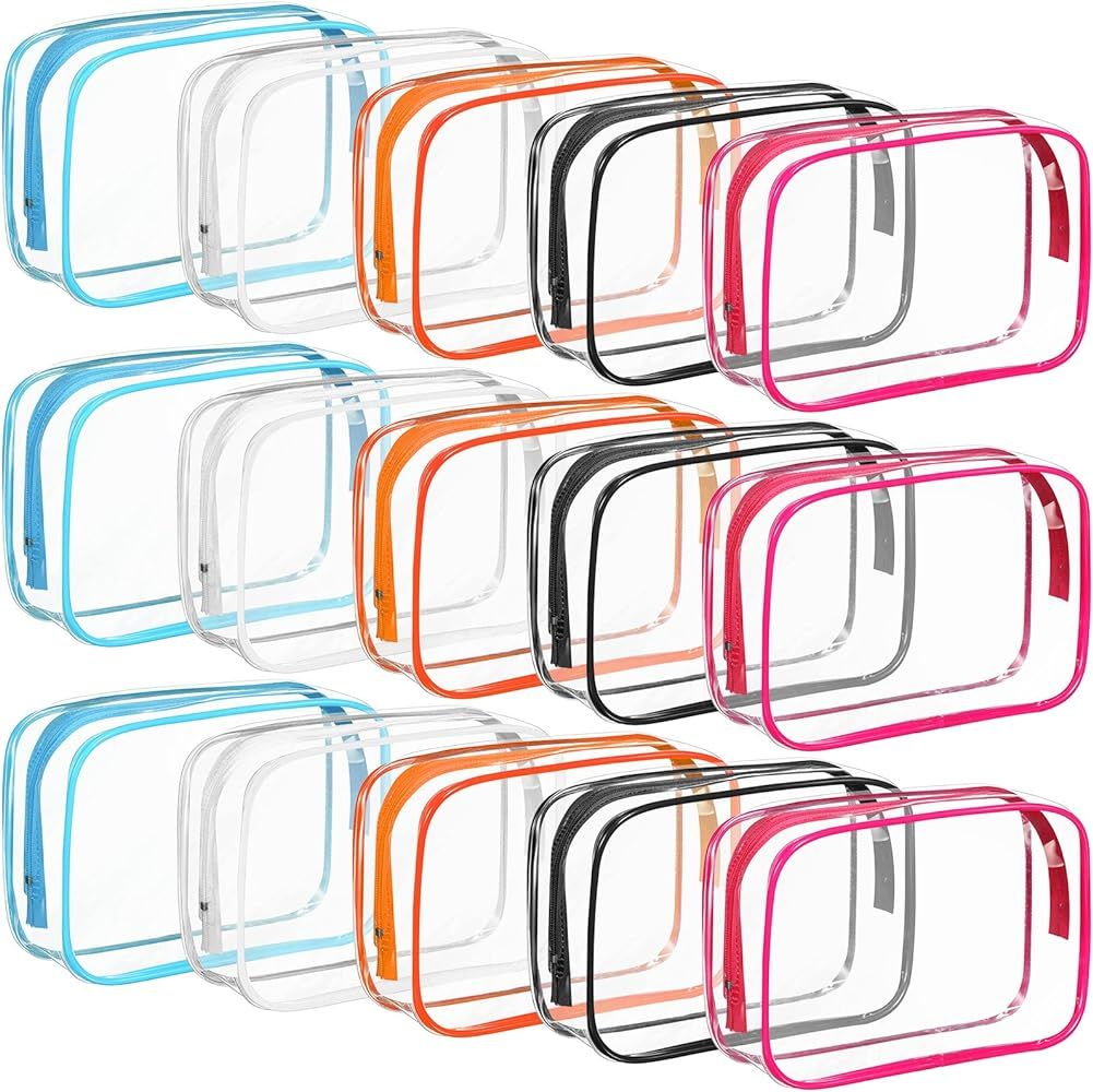 15 Pack Clear Toiletry Bag, Transparent Travel Pouch Bag Handle Straps Makeup Cosmetic Bag with Zipp | Amazon (US)