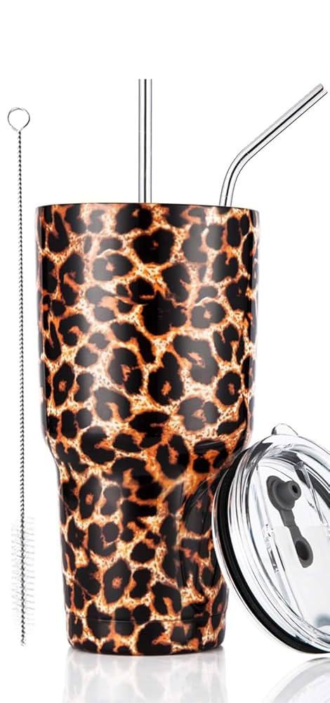 30oz Leopard Tumbler Stainless Steel Insulated Travel Mug with Straw Lid Cleaning Brush (30 oz Le... | Amazon (US)
