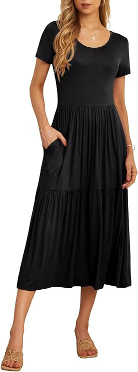 GRECERELLE Women's Summer Casual Short Sleeve Crewneck Tiered Flowy Maxi Long Dress with Pockets ... | Amazon (US)