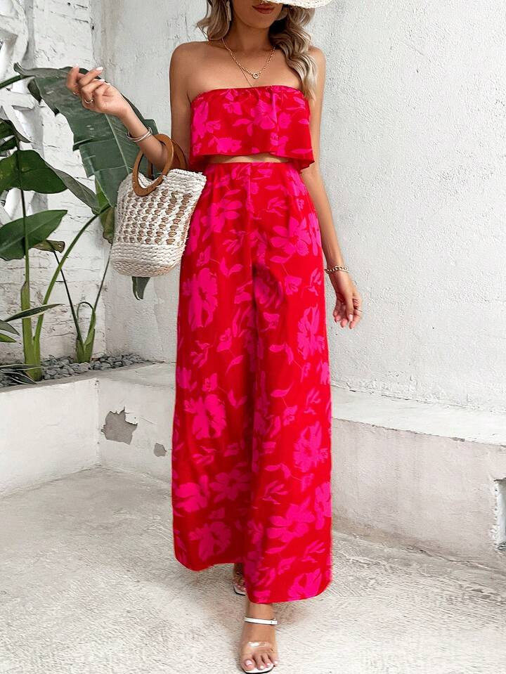 SHEIN VCAY Floral Print Tube Top & Wide Leg Pants | SHEIN
