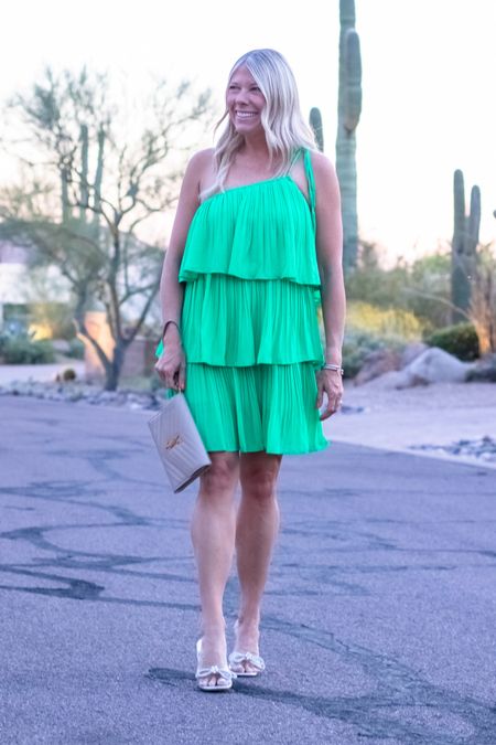 Love this green tiered cocktail dress with heels and a YSL clutch. Size small dress. Wedding guest dress party dress beach dress vacation 

#LTKstyletip #LTKwedding #LTKfindsunder50