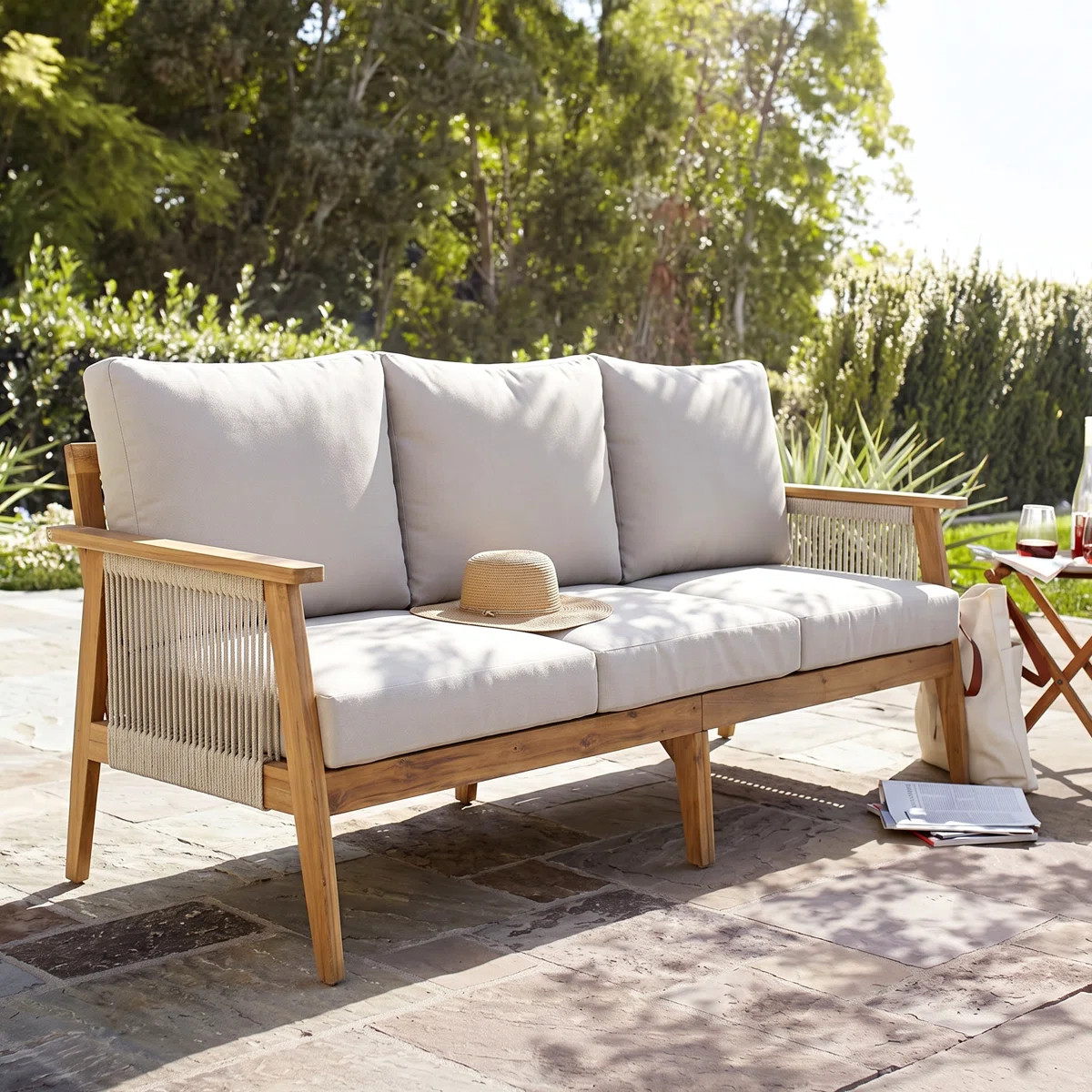 Brendan  Modern Coastal Acacia Wood Rope 3-Seater Patio Sofa with Deep Seating and Water-Repellen... | Wayfair North America