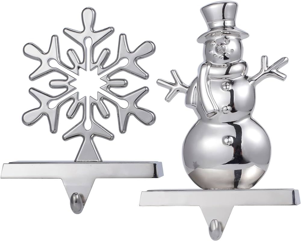 WeddPtyFr Snowflake Christmas Stocking Hanger Set of 2 Metal Snowman Stocking Holder- Sliver Stur... | Amazon (US)