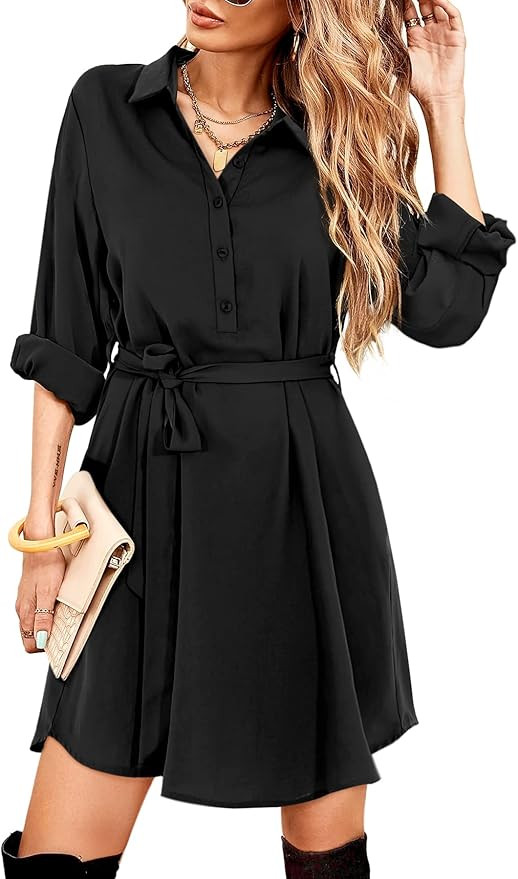 Amoretu Womens Long Sleeve Dresses for Work Button Up Shirt Dress with Pockets | Amazon (US)
