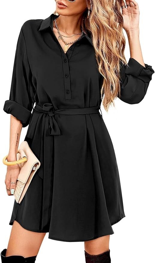 Amoretu Womens Long Sleeve Dresses for Work Button Up Shirt Dress with Pockets | Amazon (US)