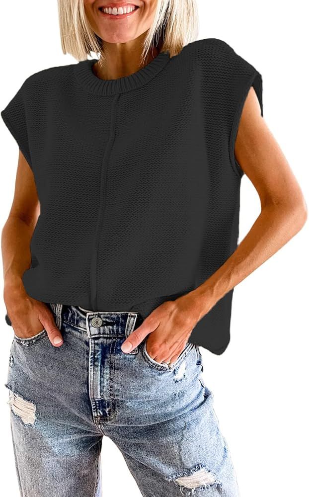 Women's Mock Neck Knit Sweater Vest Summer Cap Sleeve Tops Casual Trendy Pullover Tank Tops | Amazon (US)