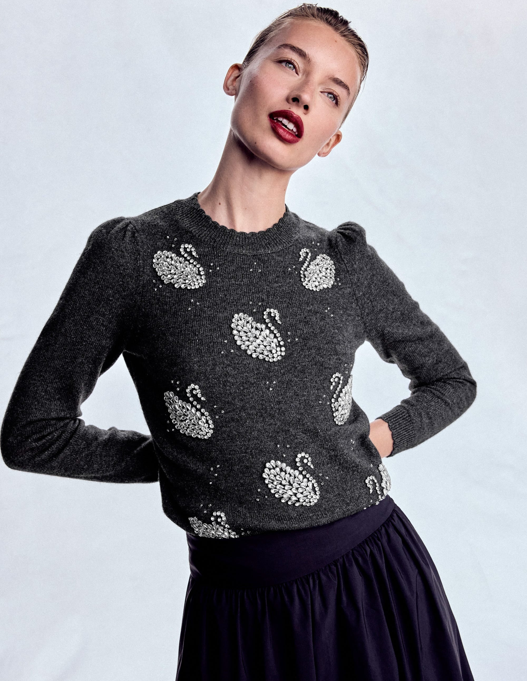 Elizabeth Embellished Jumper-Charcoal Melange Swans | Boden UK