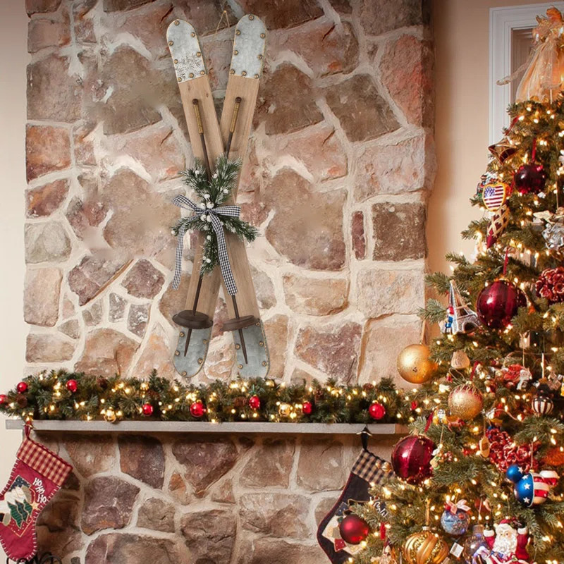 35"H Christmas Wooden/Galvanized Ski Décor | Wayfair North America