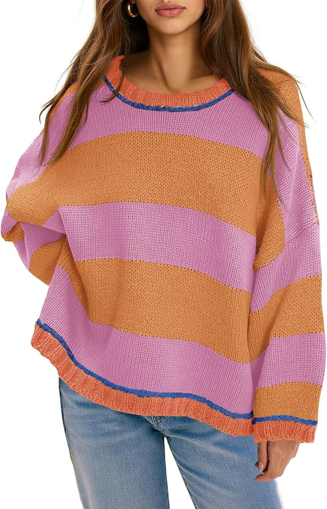 Fisoew Womens Oversized Sweaters Casual Long Sleeve Striped Color Block Crewneck Knitted Loose Fa... | Amazon (US)