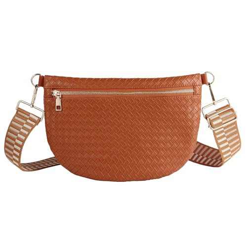 Woven Crossbody Bags for Women Leather Belt Bum Sling Purse Fanny Waist Pack Chest Shoulder Bag for Women-Brown | Amazon (US)
