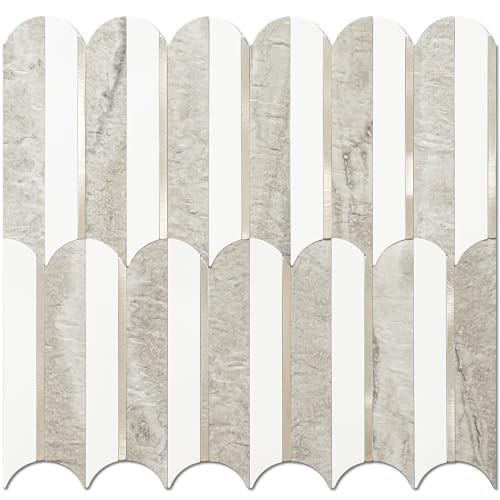 Vamos Tile Peel and Stick Backsplash Seamless Tile,Stick on Backsplash for Kitchen and Bathroom,White and Beige Slate PVC Mixed Metal Gold Self Adhesive Fish Scale Metal Mosaic Tiles (1 Sheet) | Amazon (US)