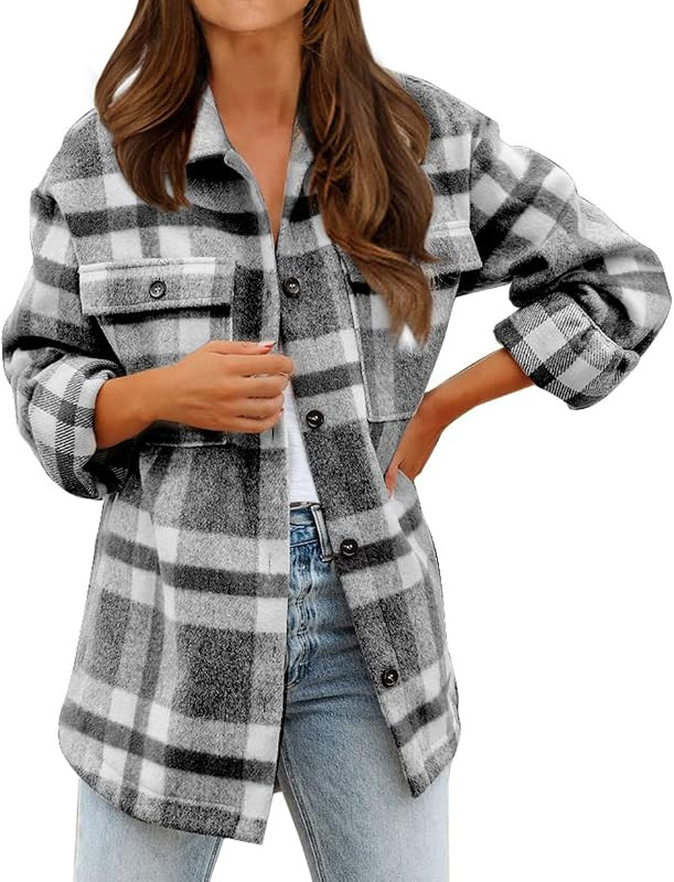 BTFBM Women's Long Sleeve Button Down Jackets Plaid Flannel Shirts Tops Casual Lapel V Neck Overs... | Amazon (US)