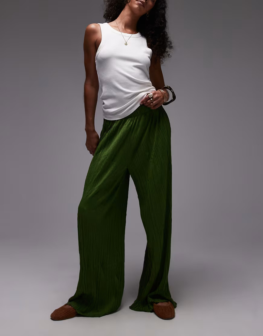 Topshop crinkle wide leg pants in olive green | ASOS (Global)
