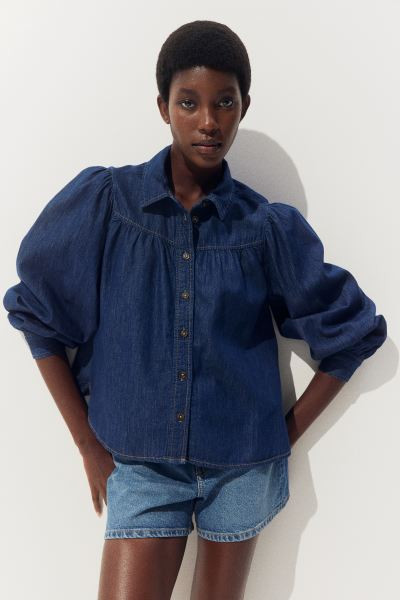 Puff-Sleeved Denim Blouse - Long sleeve - Regular length - Dark denim blue - Ladies | H&M US | H&M (US + CA)