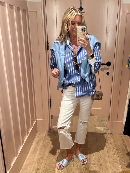 #ootd

Coastal shopping outfit 
Great for travel too.

Spanx button up blue and white stripe shirt., fit tts 
🚨SAVE 10% off all Spanx with my CODE: DEARDARCYXSPANX

Express frayed hem flared cropped  tts

Amazon sweatshirt free people dupe  oversized 

Julie Vos jewelry necklace, strings bracelet and rings

(Slides Madison Masion) 
Linked Amazon slide 

#LTKOver40 #LTKStyleTip #LTKFindsUnder100