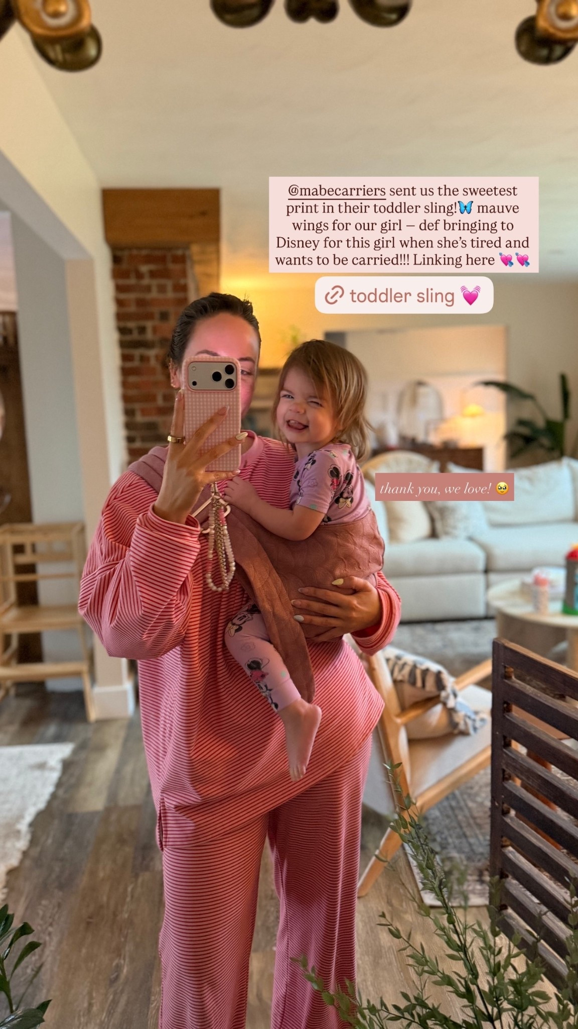 @mabecarriers sent us the sweetest print in their toddler sling!🦋 mauve wings for our girl — def bringing to Disney for this girl when she’s tired and wants to be carried!!! Linking here 💘💘 thank you, we love! 🥹