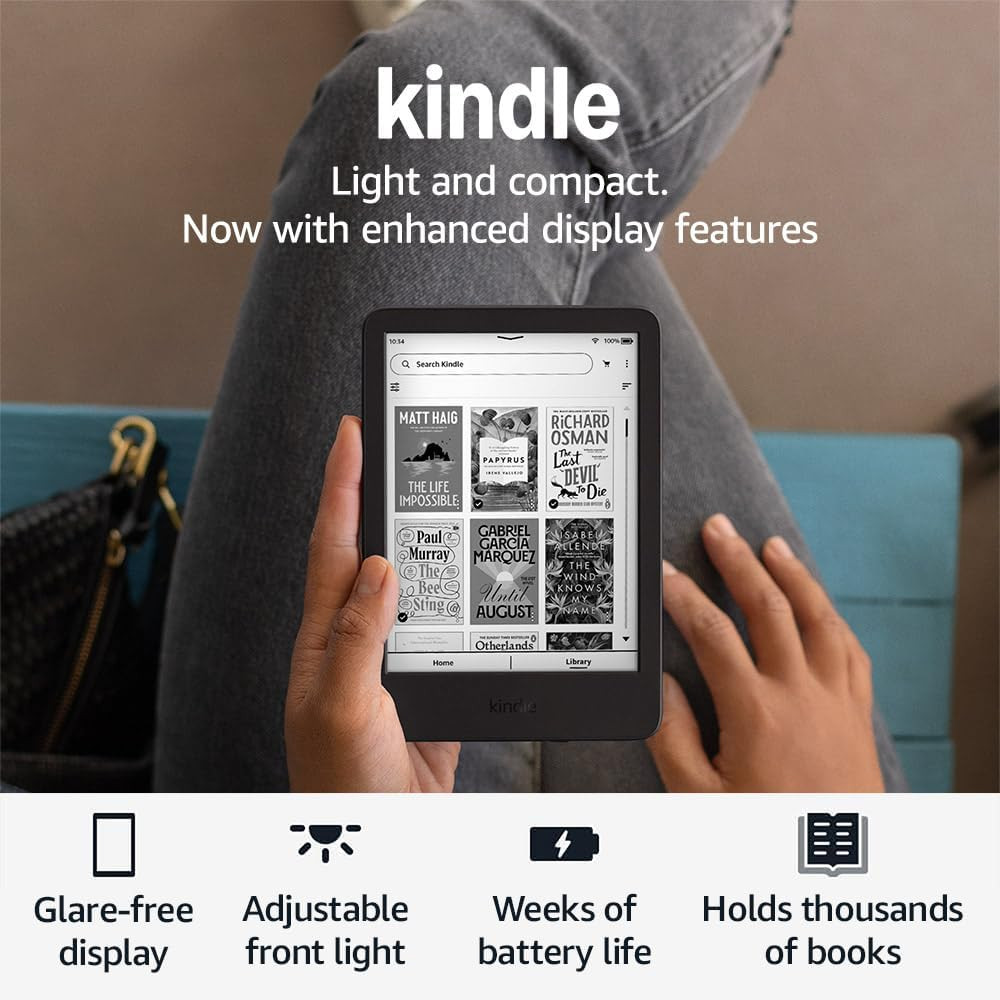 Amazon Kindle (newest gen) – Lightest and most compact Kindle with glare-free display, faster page turns, adjustable front light and long battery life – 16 GB – With Ads – Black | Amazon (UK)