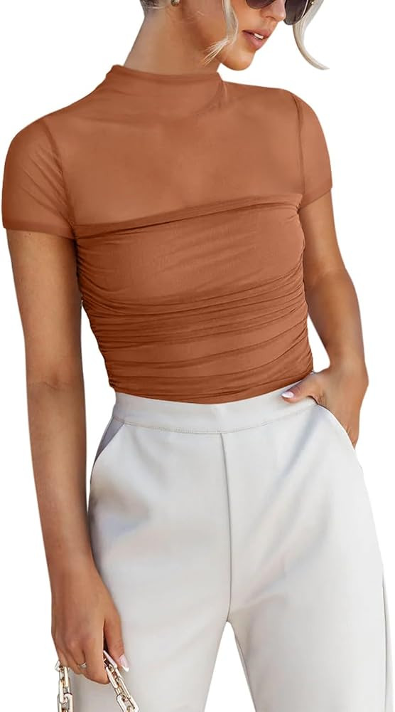 REORIA Women's Sexy Mock Turtle Neck Short Sleeve Shirts Sheer Mesh Ruched Trendy Going Out Bodys... | Amazon (US)