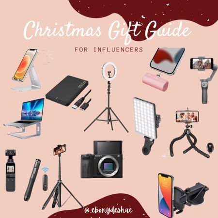 Christmas Gift Guide for influencers, content creators, and bloggers. Ring light, phone stand, laptop stand, tripod, car phone mount, portable charger, vlogging camera, storage device. 

#LTKHoliday #LTKGiftGuide #LTKSeasonal