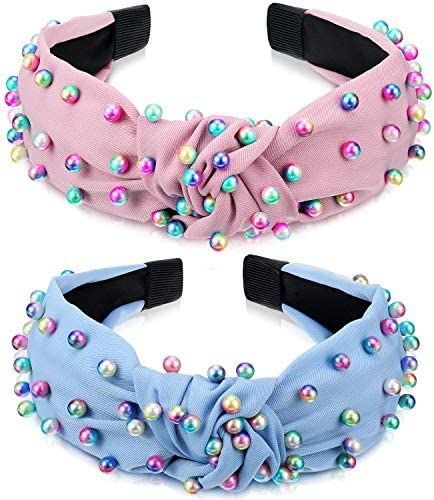 2 Pieces Headbands for Women Pearl Knotted Girls Headband Colorful Jeweled Embellished Gem Hairband  | Amazon (US)