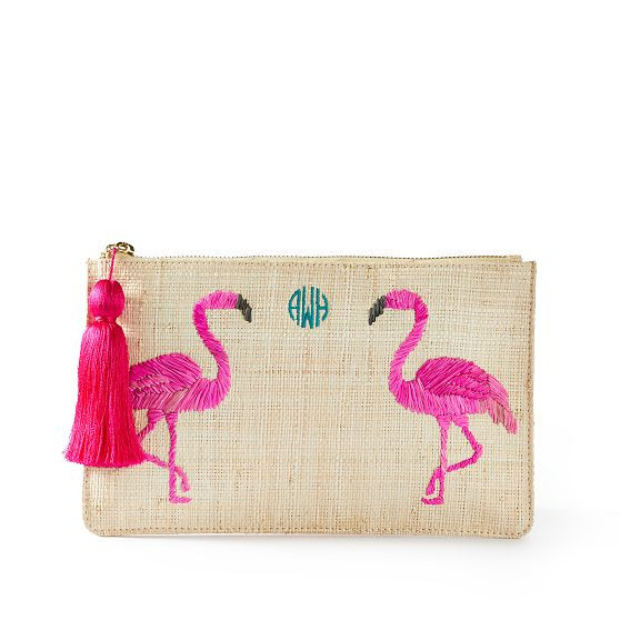 Embroidered Raffia Pouch, Flamingo | Mark and Graham