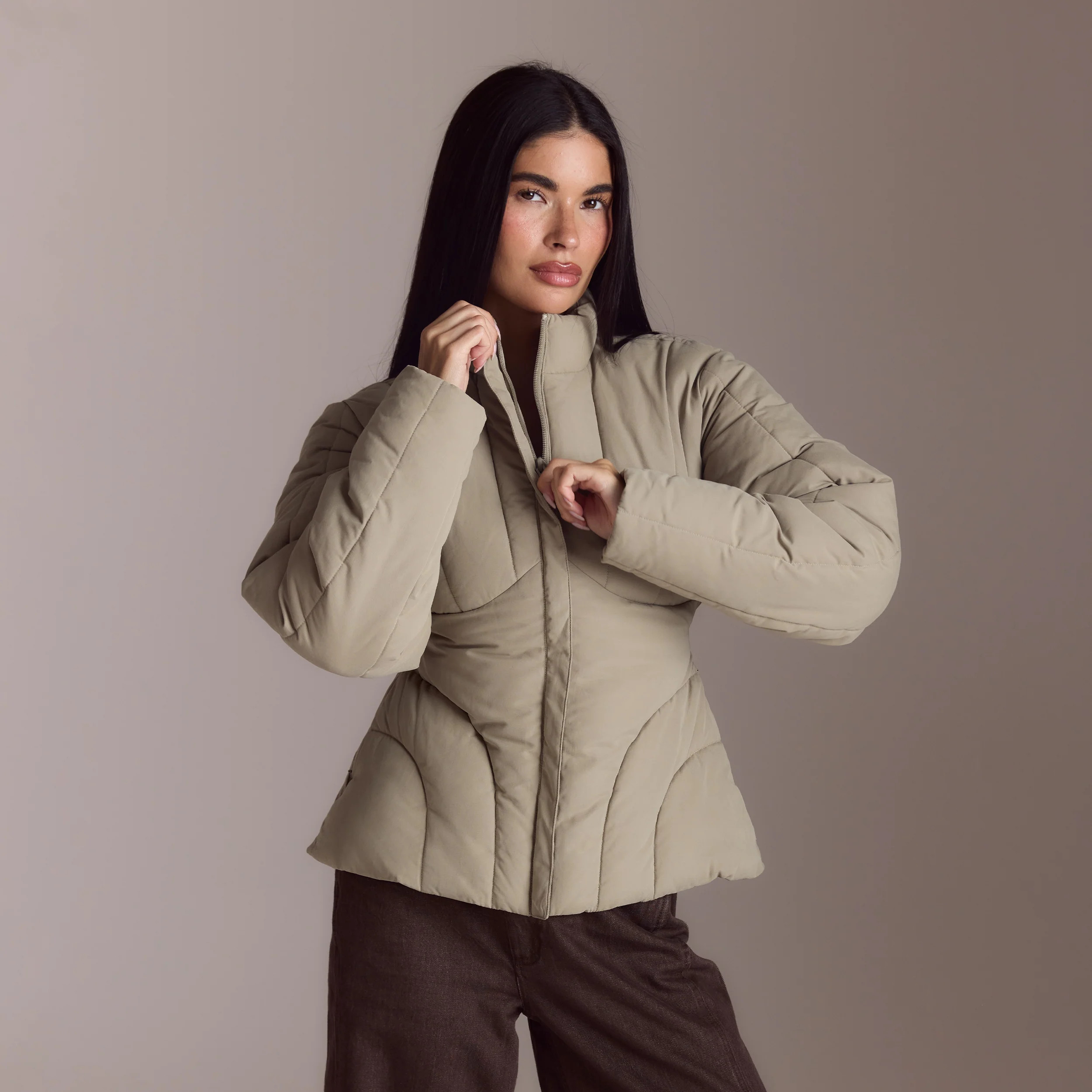 Cinched Puffer Coat - Thyme | Lounge (US)