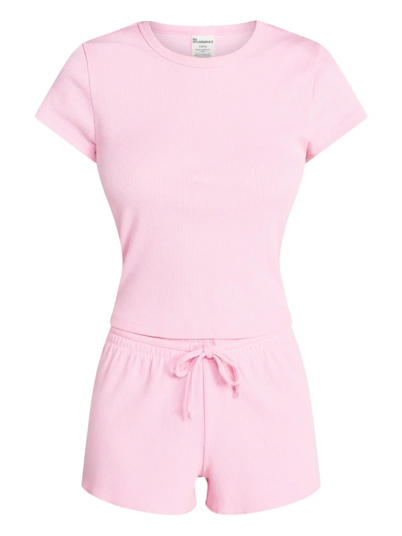 No Boundaries Sleep Ribbed Tee and Shorts Set, 2-Piece, Women’s XXS-3X | Walmart (US)