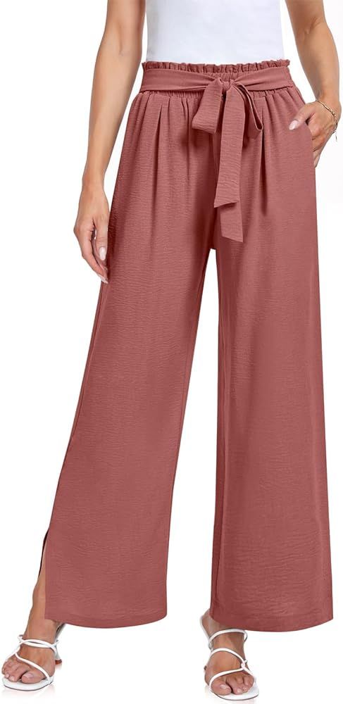 UEU Women's Wide Leg Casual Pants High Waisted Adjustable Tie Knot Business Work Trousers with Po... | Amazon (US)