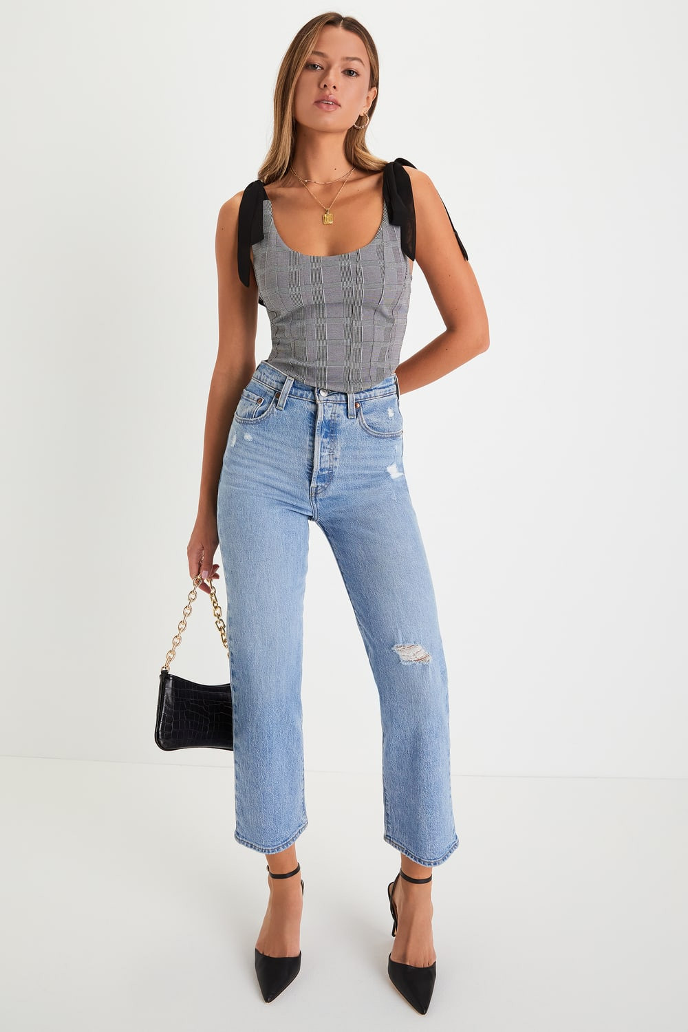 Chic Temptation Black and Ivory Plaid Tie-Strap Crop Top | Lulus (US)