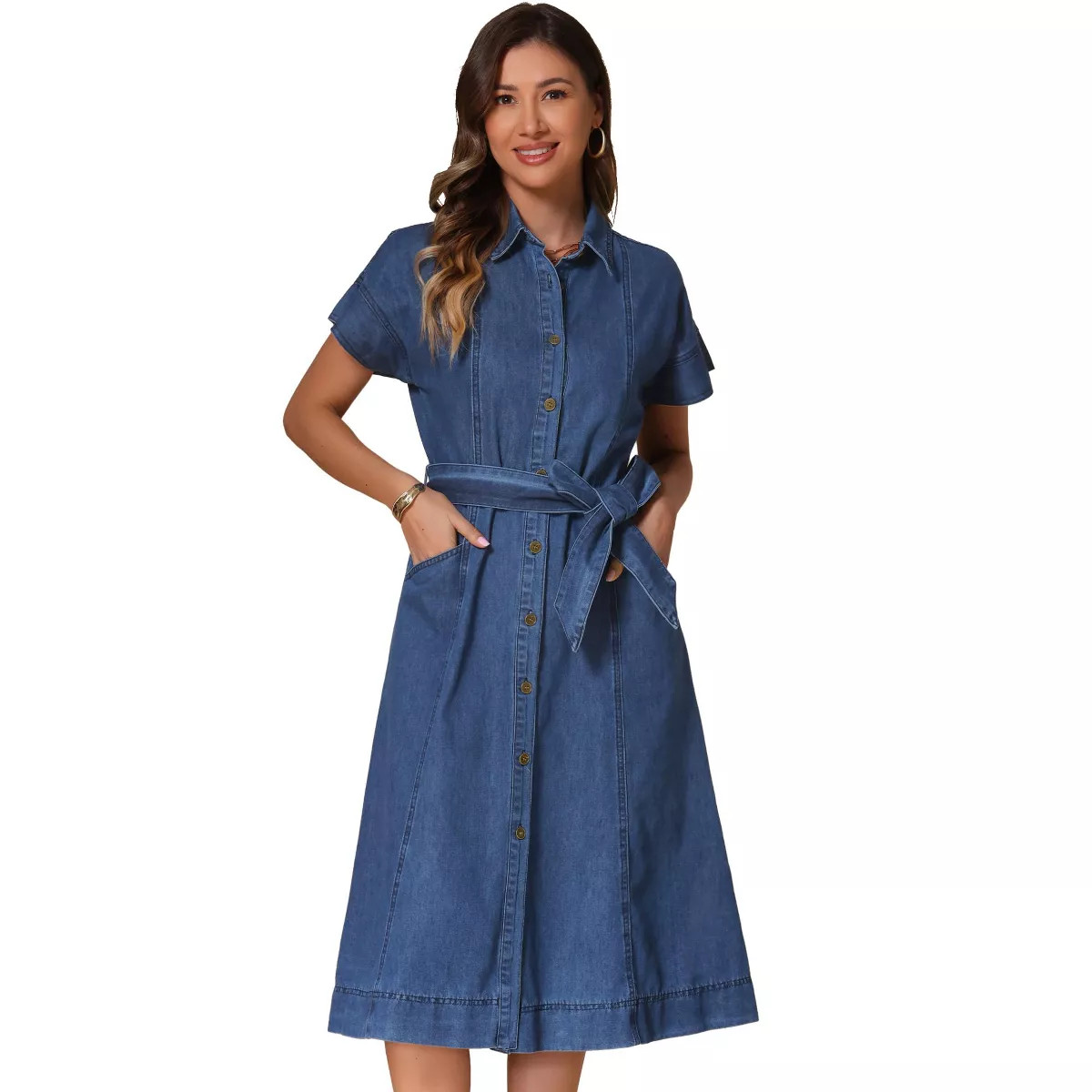 INSPIRE CHIC Women's Denim Casual Button Down Short Sleeves Belted Midi Dress | Target