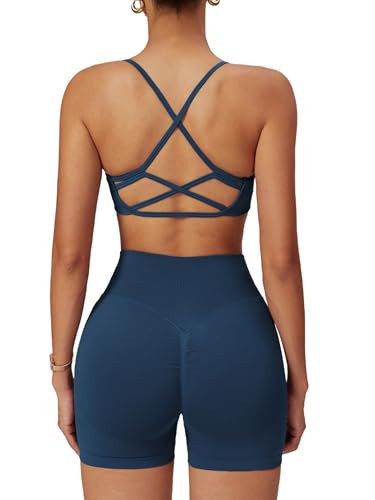 ABOCIW Workout Sets for Women Seamless High Waist Scrunch Butt Lifting Gym Impact Shorts Scoop Neck Strappy Sports Bra 2 Piece Yoga Outfits Navy Blue Large | Amazon (US)