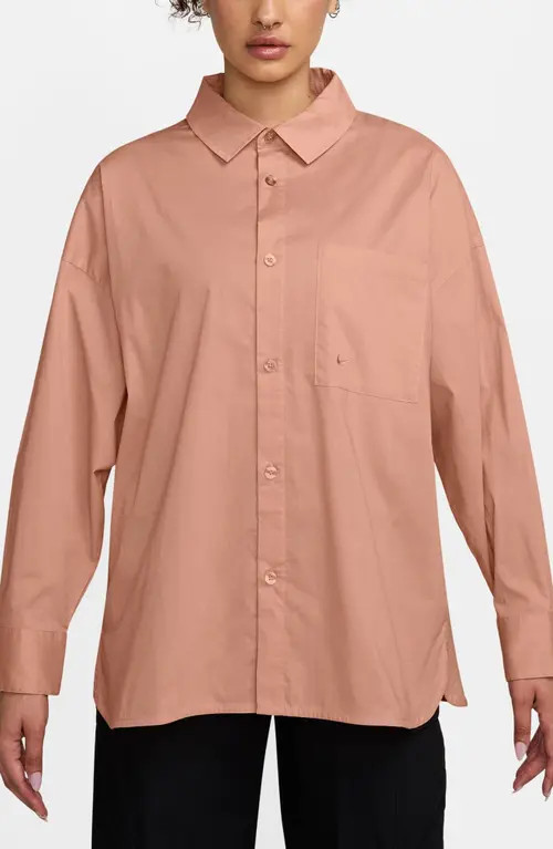 Nike Sportswear Chill Stretch Cotton Poplin Button-Up Shirt in Particle Pink/Sail at Nordstrom, Size Small | Nordstrom