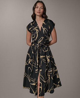 Donna Karan New York Women's Printed Tie Belt V-Neck Midi Dress - Macy's | Macy's