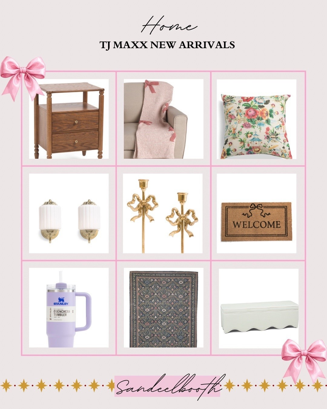 The TJ Maxx New Home Arrivals just dropped and they’re so good:
• scalloped nightstands + dressers
• pink wine glasses
• floral + blockprint pillows
• brass wall sconces
• gold bow candleholders
• gingerbread doormat
• luxe ceramic table lamps
• cozy throws
• Stanley tumblers
• Persian-style rugs

These pieces always sell fast — especially the furniture + lighting.
Shop my full TJ Maxx home decor roundup below!

#TJMaxxNewArrivals #AffordableHomeStyle #HomeDecorDeals #LampsOnSale #NewAtTJMaxx #LTKFinds



#LTKHome #LTKGiftGuide #LTKFindsUnder100