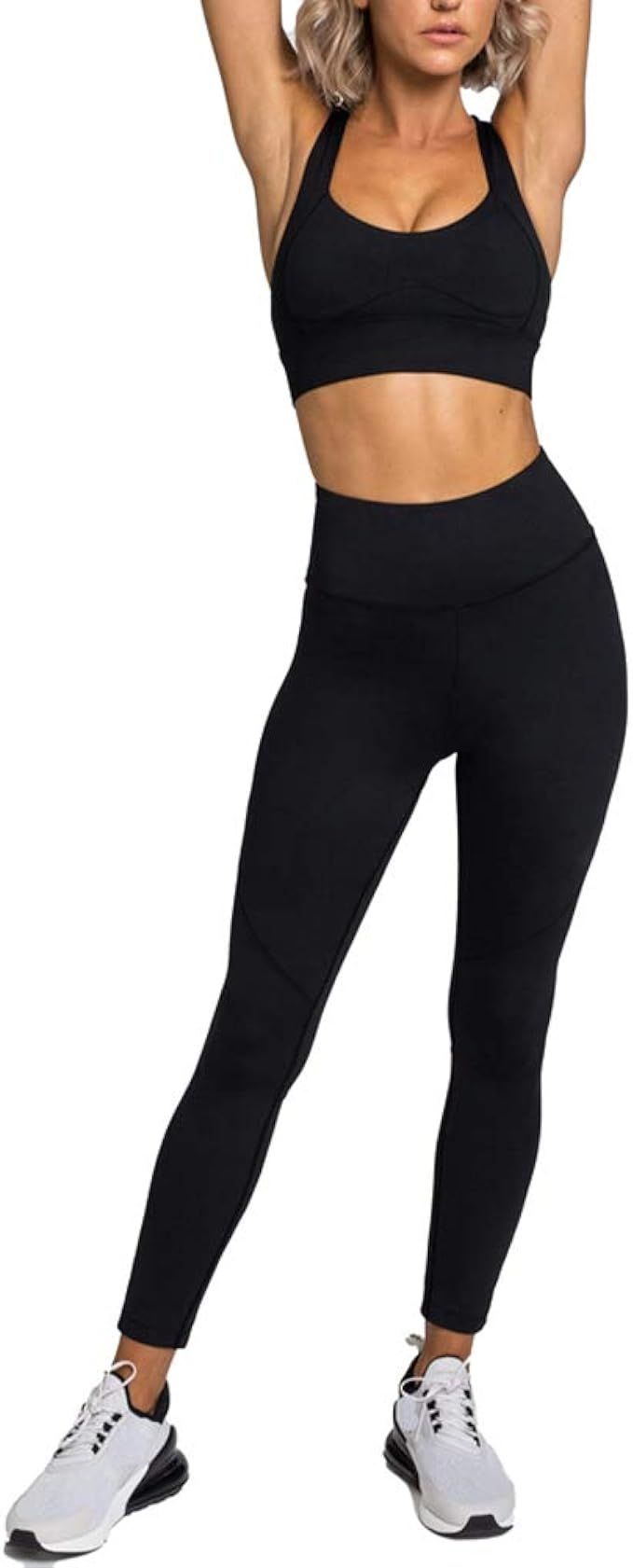 Amazon.com: Hotexy Women Workout Sets High Waisted Plain Black Yoga Leggings with Stretch Sports ... | Amazon (US)