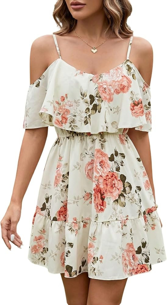SOLY HUX Women's Boho Floral Print Cold Shoulder Dress Short Sleeve Ruffle A Line Vacation Elegan... | Amazon (US)