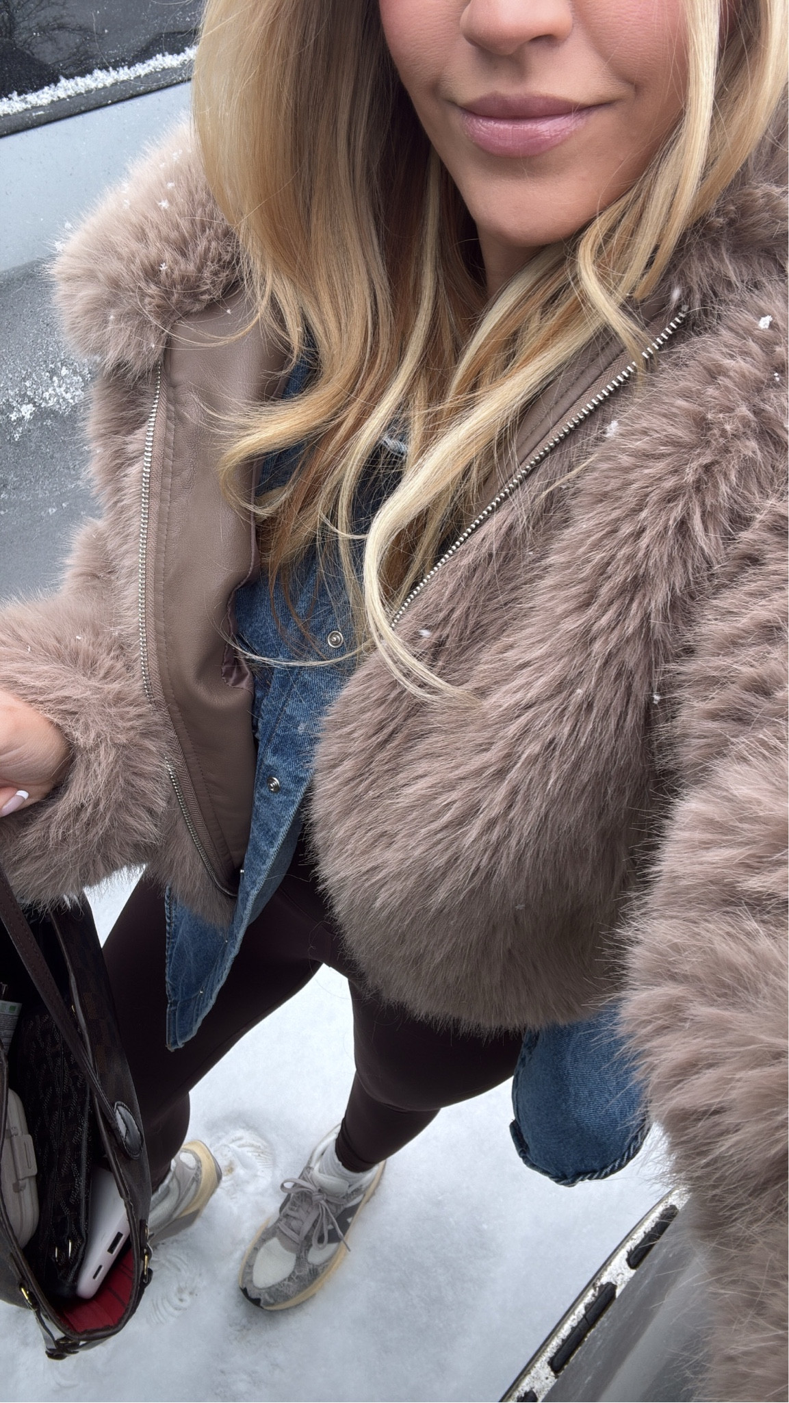 Mom style ootd winter outfit leggings faux fur coat denim shirt jacket shacket new balance sneakers snakeskin on sale 50% off

#LTKFindsUnder100 #LTKStyleTip #LTKSaleAlert