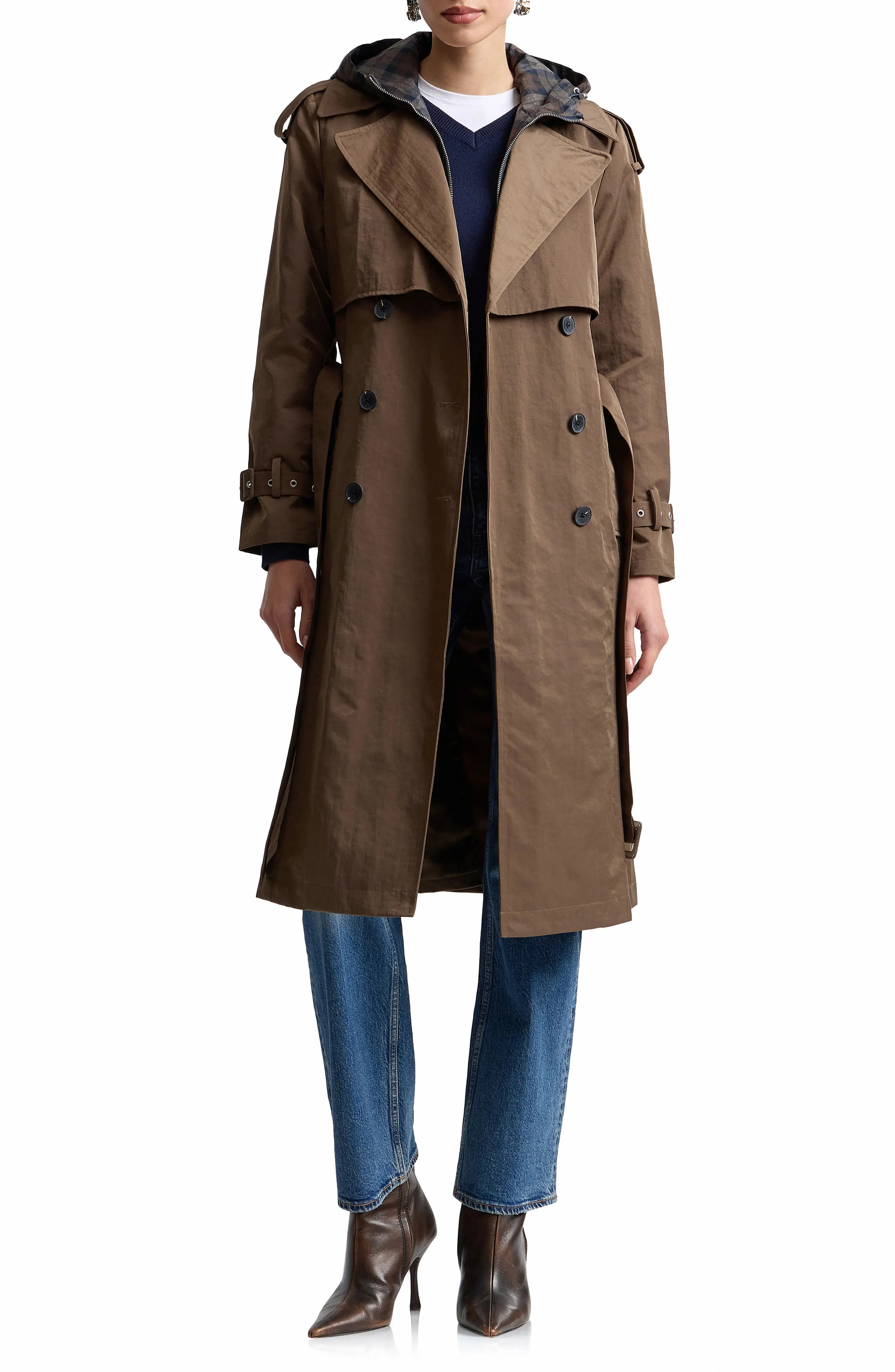 Avec Les Filles Crinkled Nylon Trench Coat with Hooded Bib Inset in Moss Plaid at Nordstrom, Size Xx-Large | Nordstrom