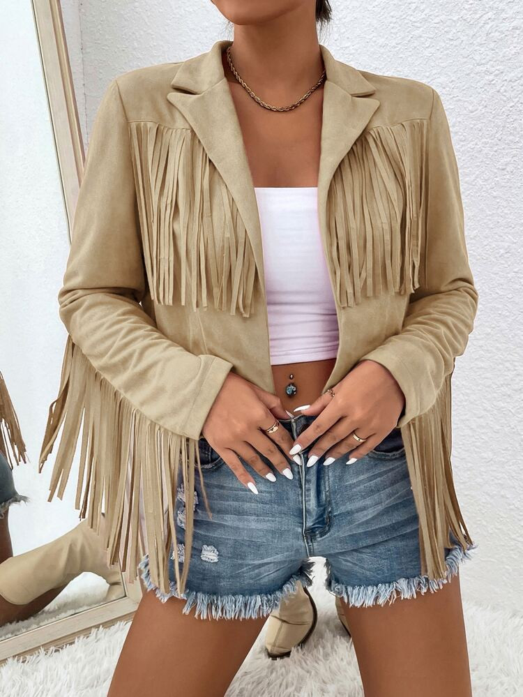 Fringe Trim Open Front Jacket | SHEIN