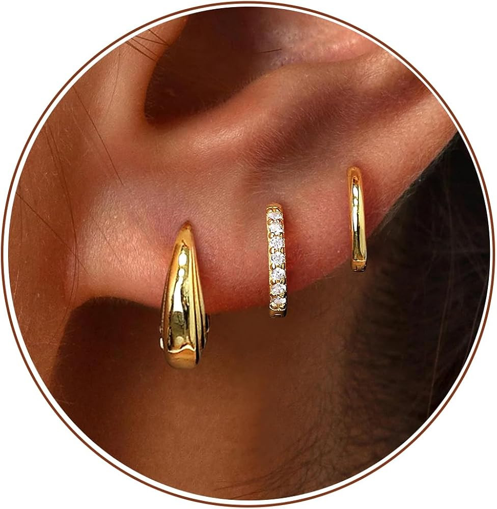 Amazon.com: Poxtex Small 14K Gold Plated Huggie Hoop Earrings Set for Women, Hypoallergenic Trend... | Amazon (US)