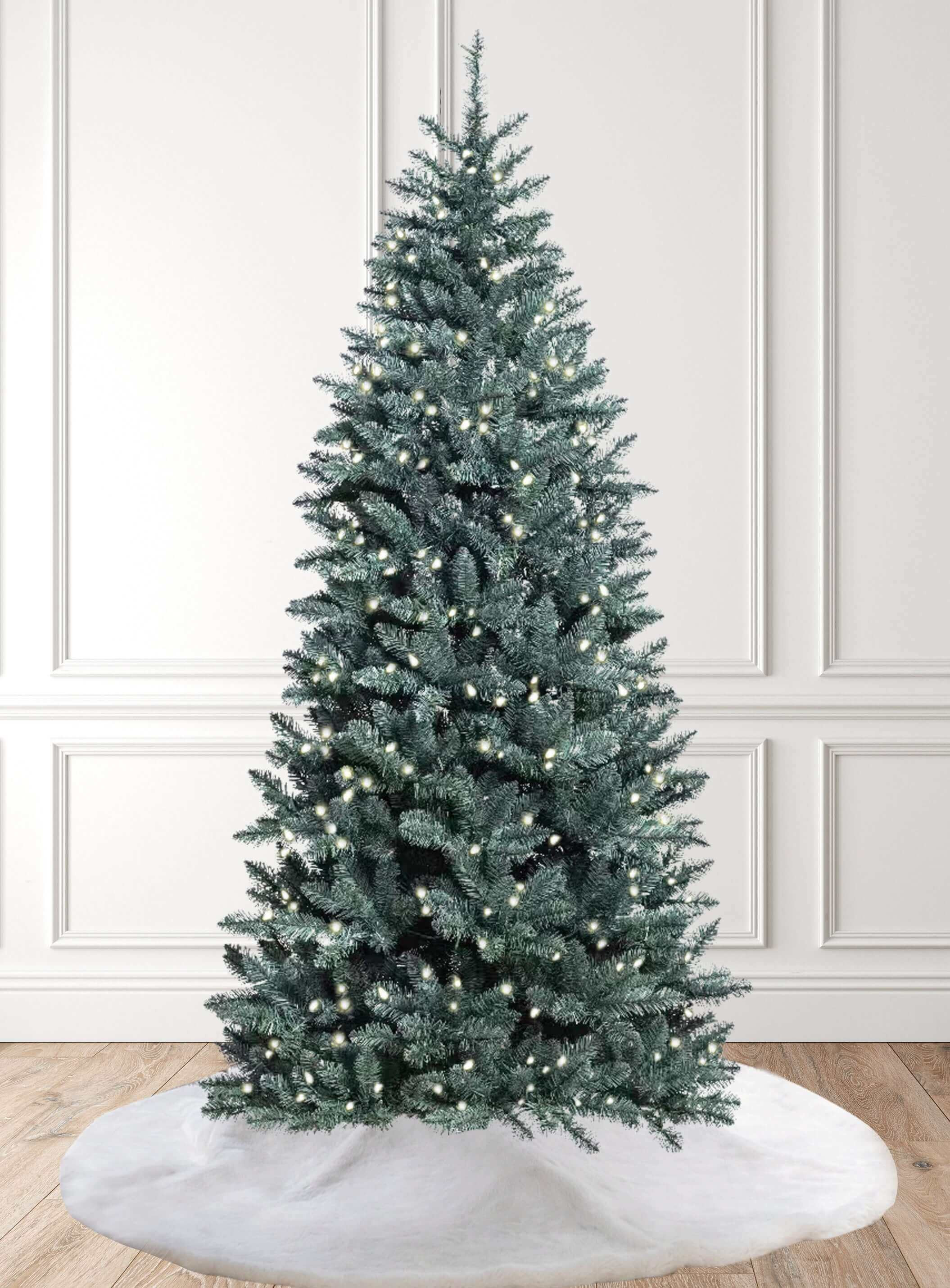 9' Tribeca Spruce Blue Slim Artificial Christmas Tree with 659 Warm White LED Lights | King of Christmas