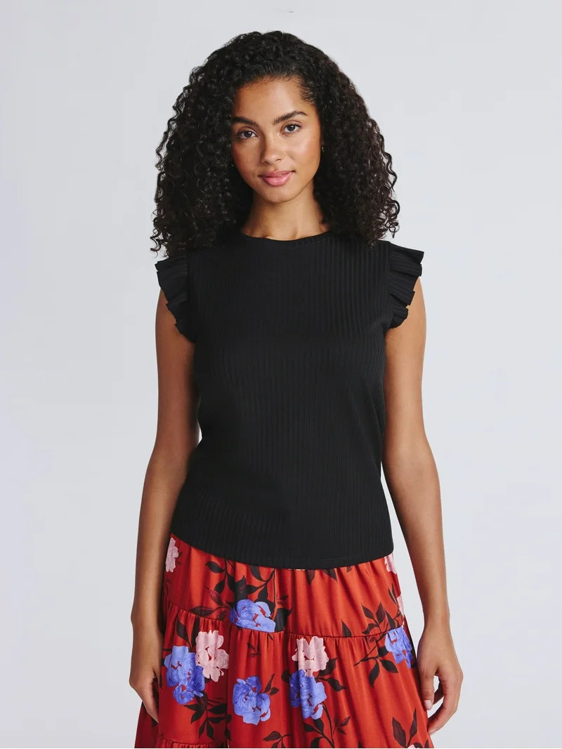 Time and Tru Women's Rib Ruffle Sleeve Top, Sizes XS-XXXL | Walmart (US)