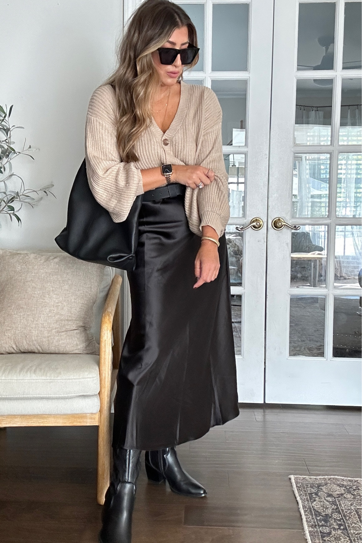 Maxi slip skirt styling for fall. 

Use code LAUREN202 on bag for 20% off! 

#LTKfindsunder50 #LTKstyletip #LTKSeasonal