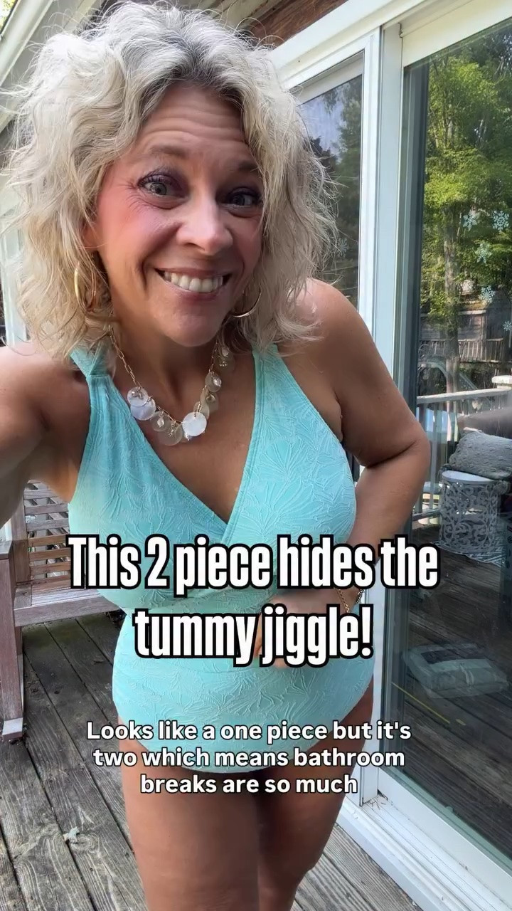 This textured two piece swimsuit hides the tummy jiggle and makes bathroom breaks easy! This also provides great coverage just like a one piece but makes bathroom breaks so easy! I’m wearing the size 12. Comment SHOP below ⬇️ for the 🔗 Details.