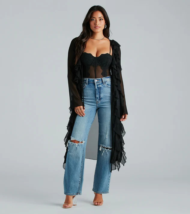 Mix And Mesh Chiffon Ruffle Long Duster | Windsor Stores