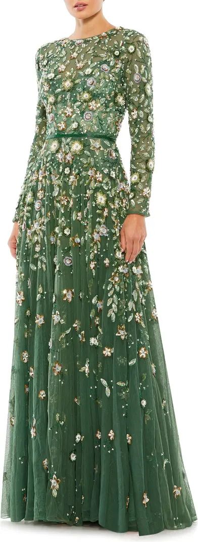 Floral Sequin Long Sleeve A-Line Gown | Nordstrom