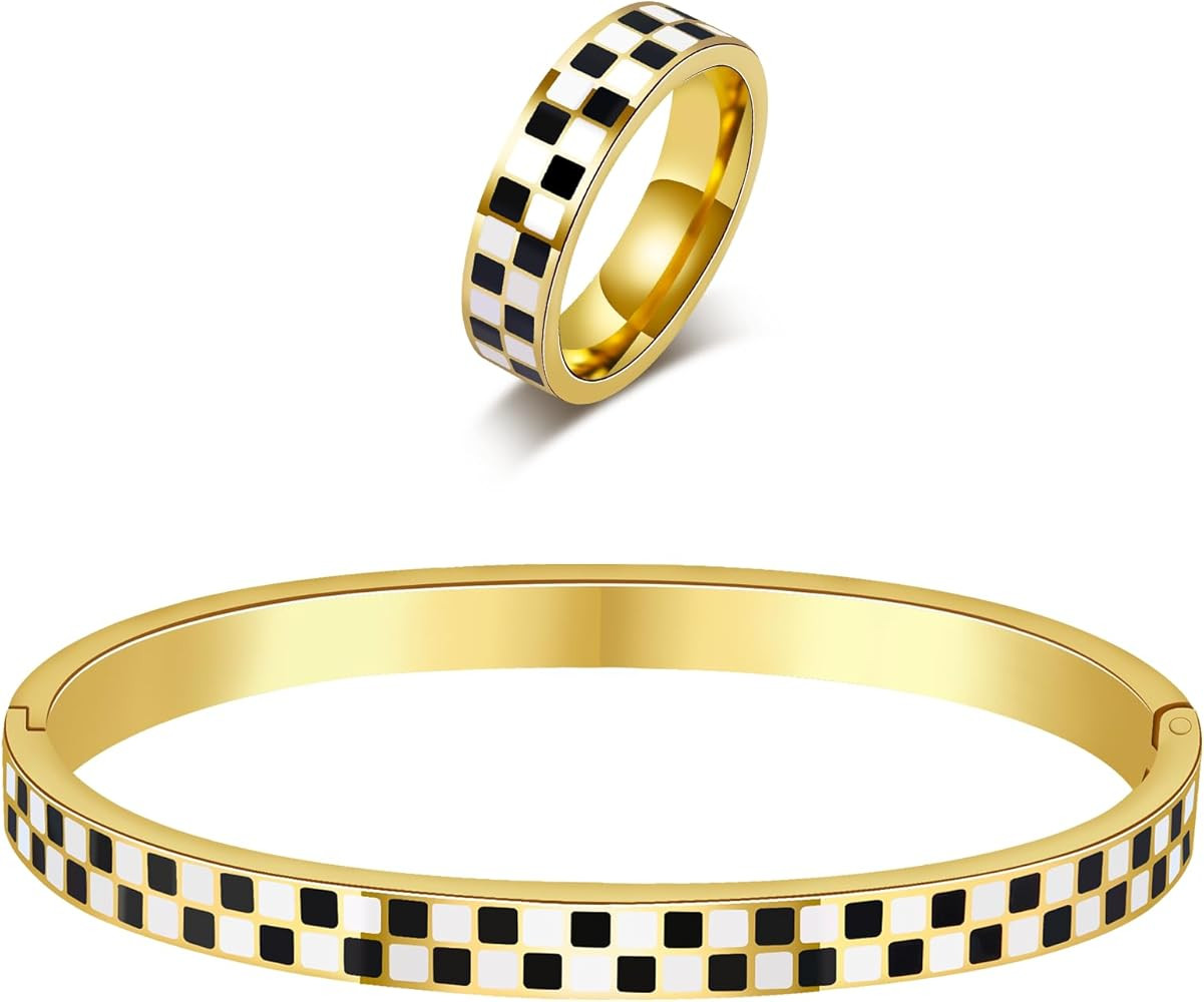Checkered Stackable Jewelry Set: Black & White 316L Stainless Steel Bracelet & Ring | Non Tarnish... | Amazon (US)