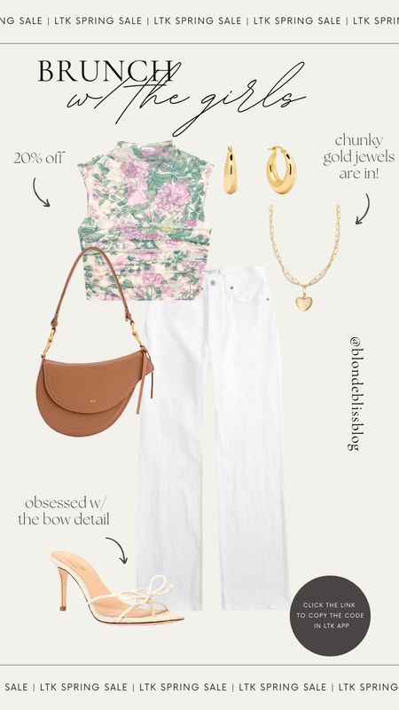 What to wear to: Brunch with the Girls 🌸 The ultimate brunch look! This floral top is the perfect touch of spring paired with white denim, bow heels, gold jewelry and a brown saddle bag. Wear to brunch with the girls, date night or work!

#LTKstyletip #LTKSpringSale #LTKfindsunder100