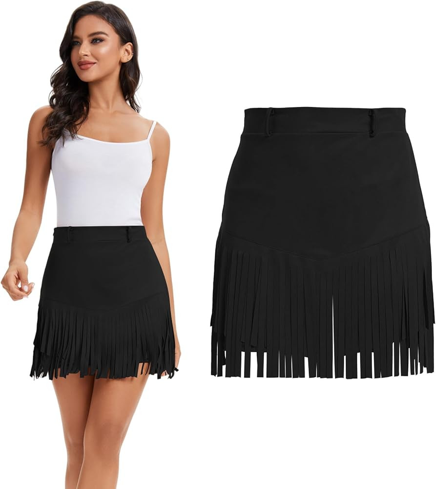 Women's Faux Suede High Waist A-Line Fringe Mini Skirt - Western Cowgirl Tassel Hem Casual Party ... | Amazon (US)