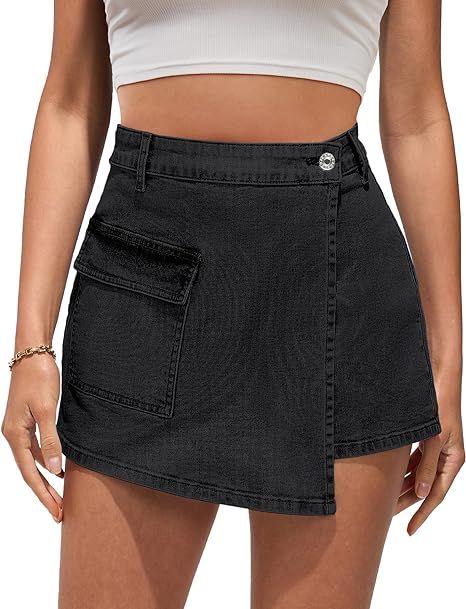 luvamia Denim Skorts for Woman Cargo Faux Wrap Jean Skort Skirts Stretchy High Waisted Skirt Shor... | Amazon (US)